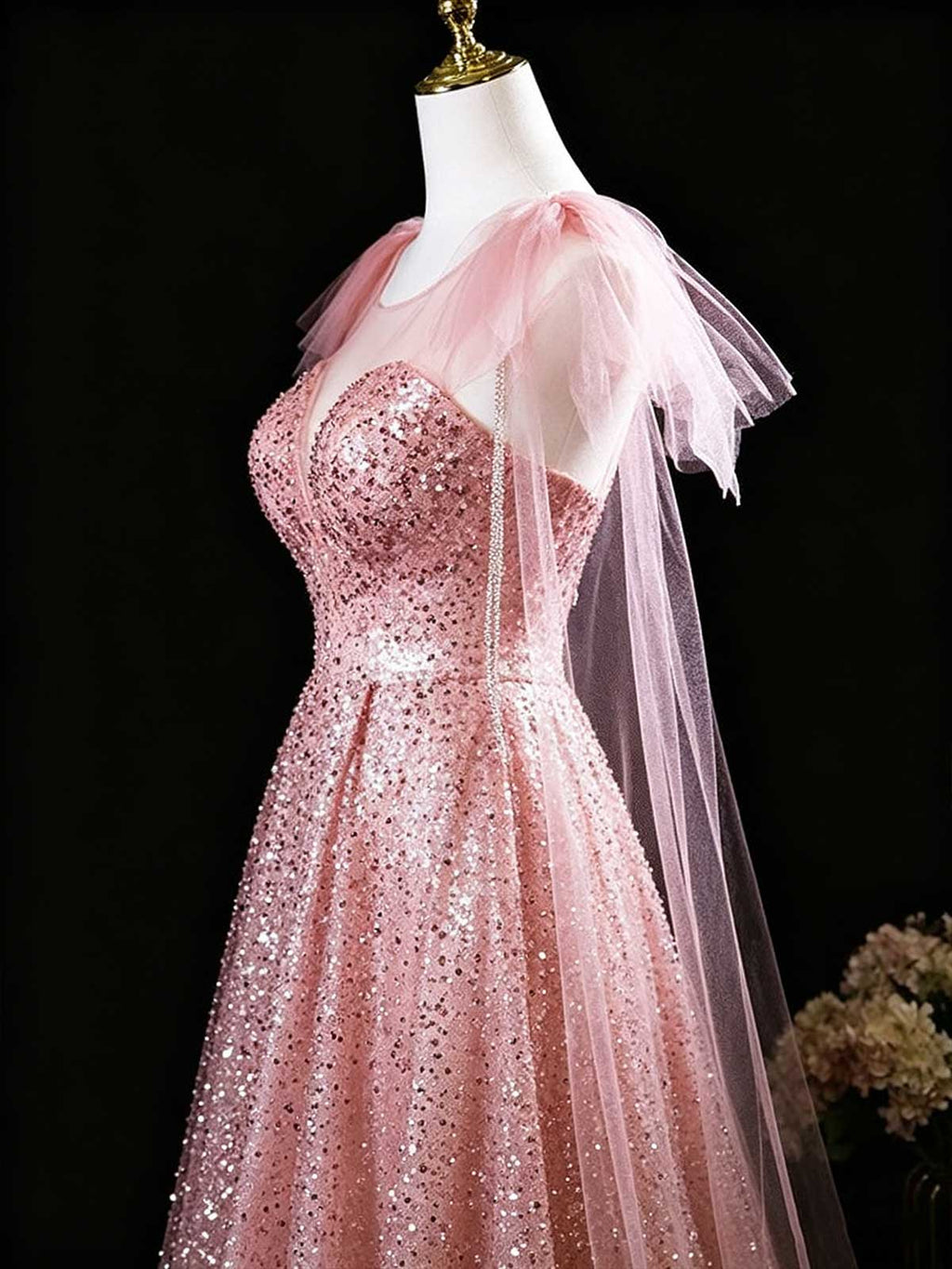 Blush Pink Sequin A-Line Prom Dress with Sheer Cape Sleeves