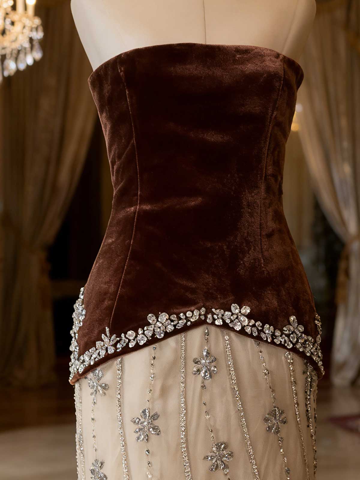 Luxury Champagne Evening Gown with Sparkle Floral Embellishments