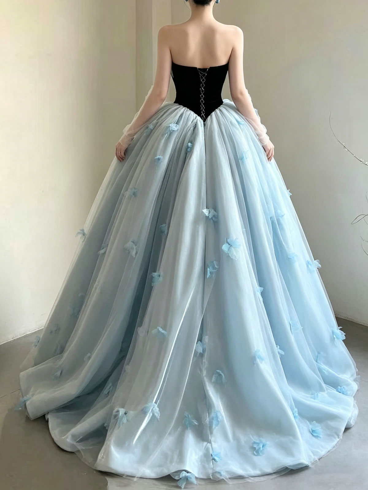 Light Blue Tulle Strapless Ball Gown with Black Velvet Bodice & Butterfly Appliqués