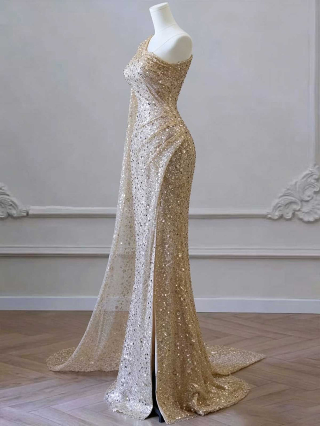 One-Shoulder Cape Train Formal Dress