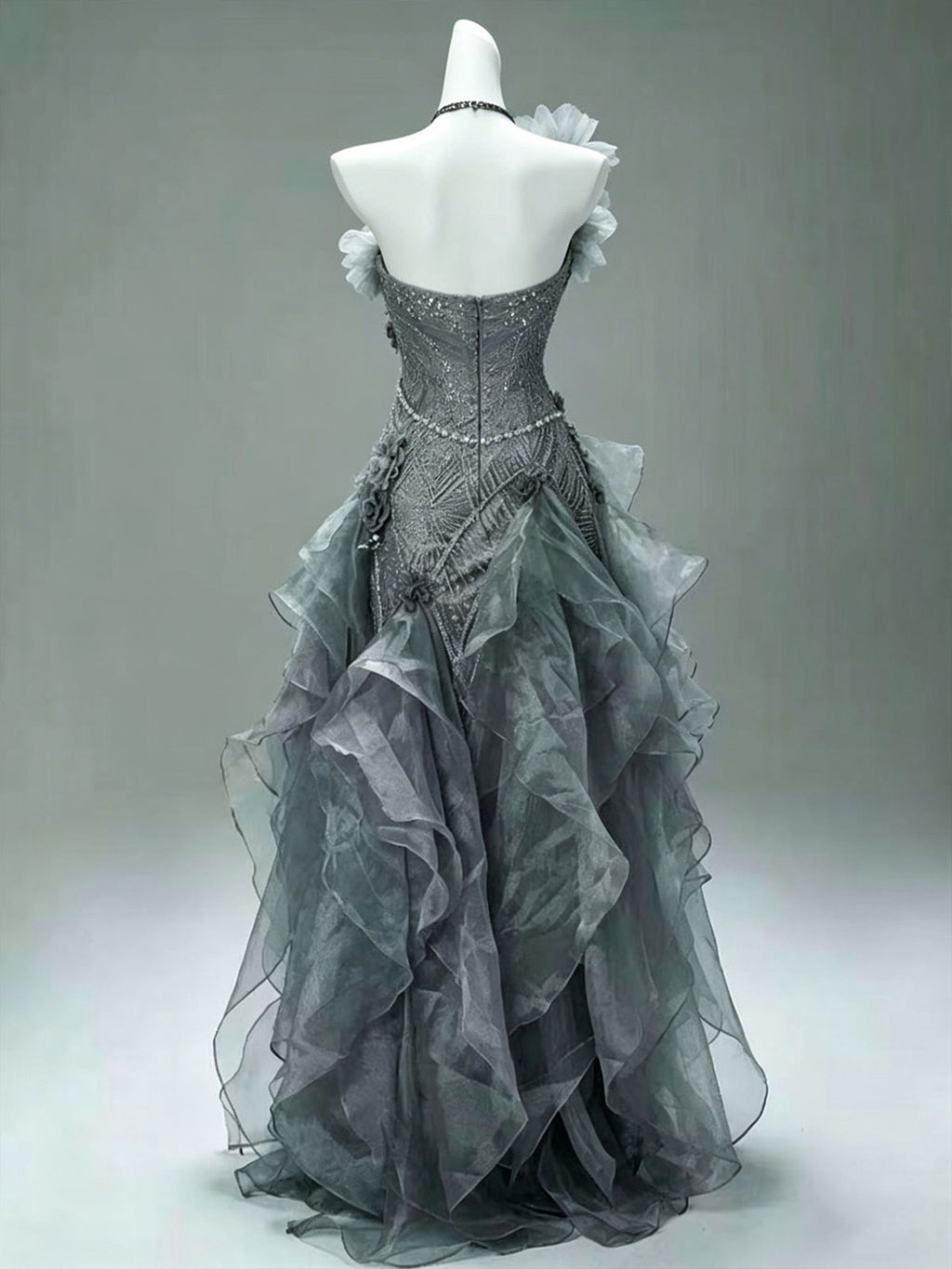 One Shoulder Grey Floral Ruffle Irregular Tulle Mermaid Formal Gown