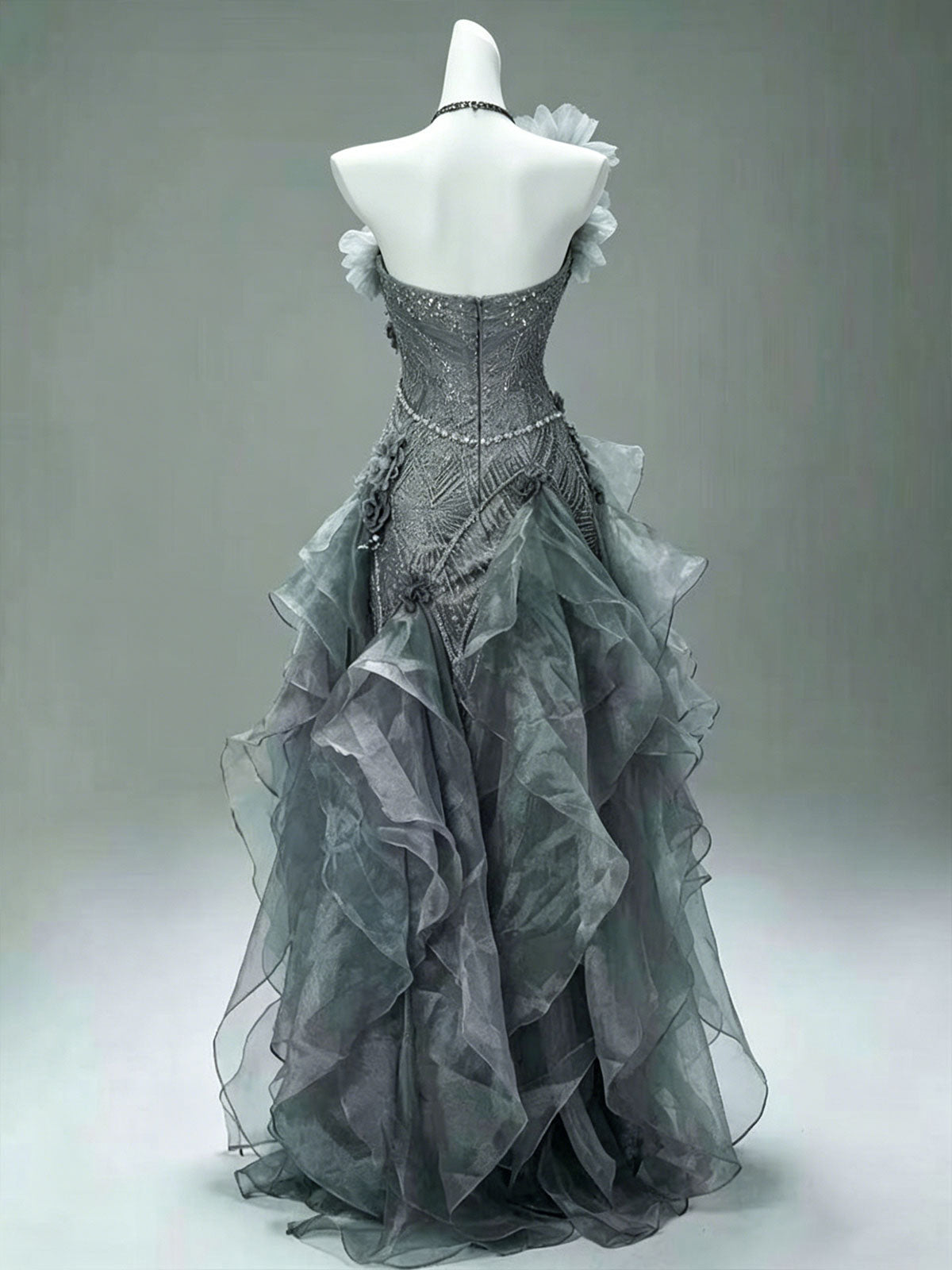 One Shoulder Grey Floral Ruffle Irregular Tulle Mermaid Formal Gown