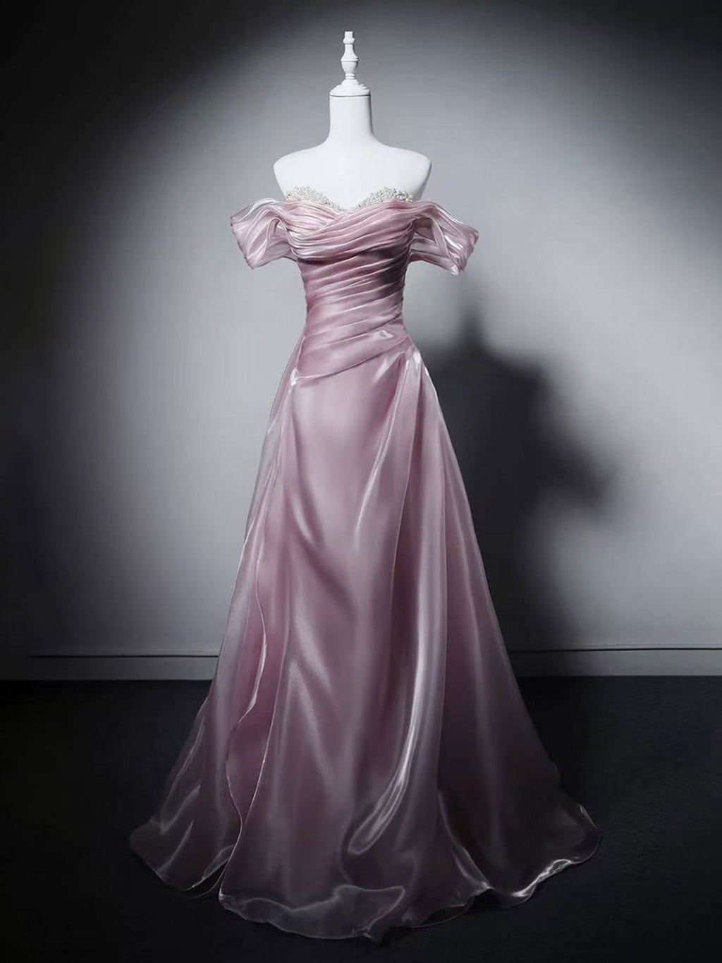 Dusty Pink Off-Shoulder Satin A-Line Evening Gown