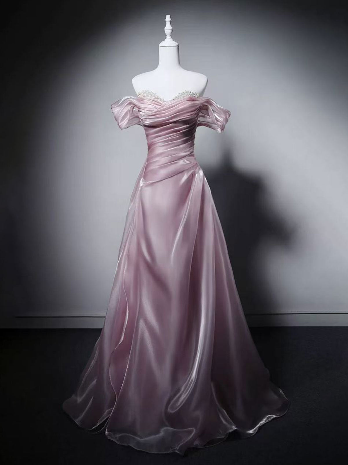 Dusty Pink Off-Shoulder Satin A-Line Evening Gown