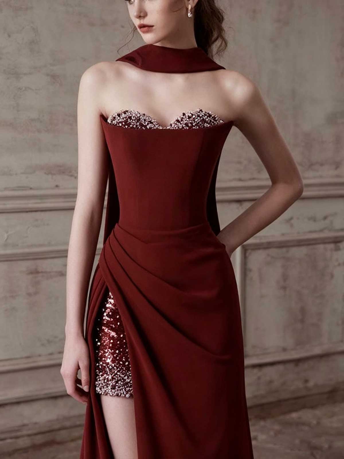Burgundy Strapless High-Slit Evening Gown with Beaded Lining
