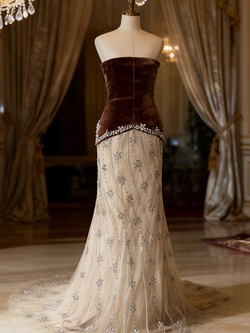Luxury Champagne Evening Gown with Sparkle Floral Embellishments