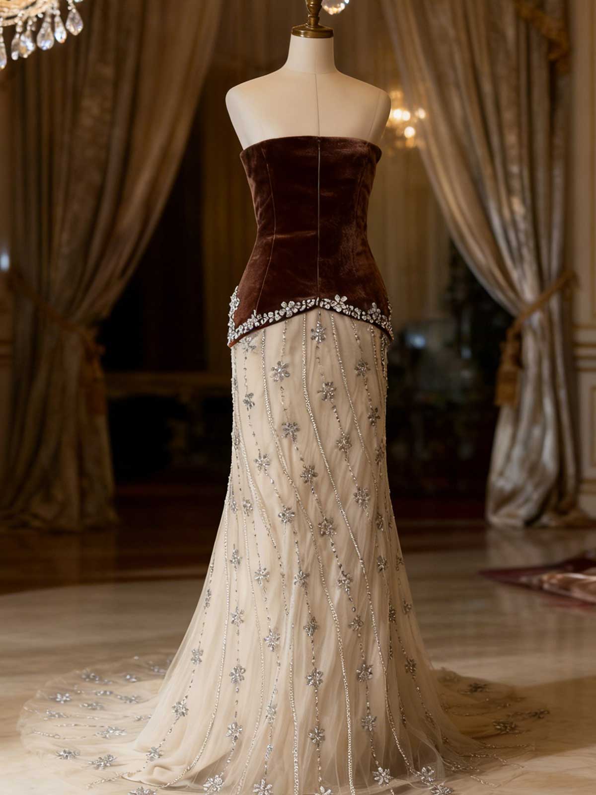 Luxury Champagne Evening Gown with Sparkle Floral Embellishments