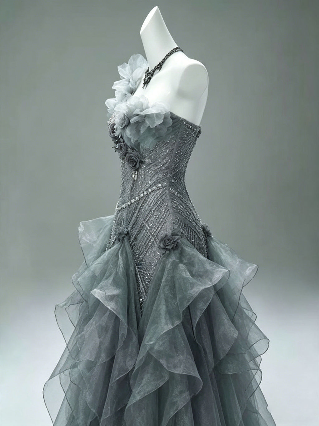 One Shoulder Grey Floral Ruffle Irregular Tulle Mermaid Formal Gown