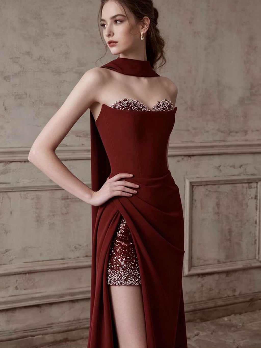 Burgundy Strapless High-Slit Evening Gown with Beaded Lining
