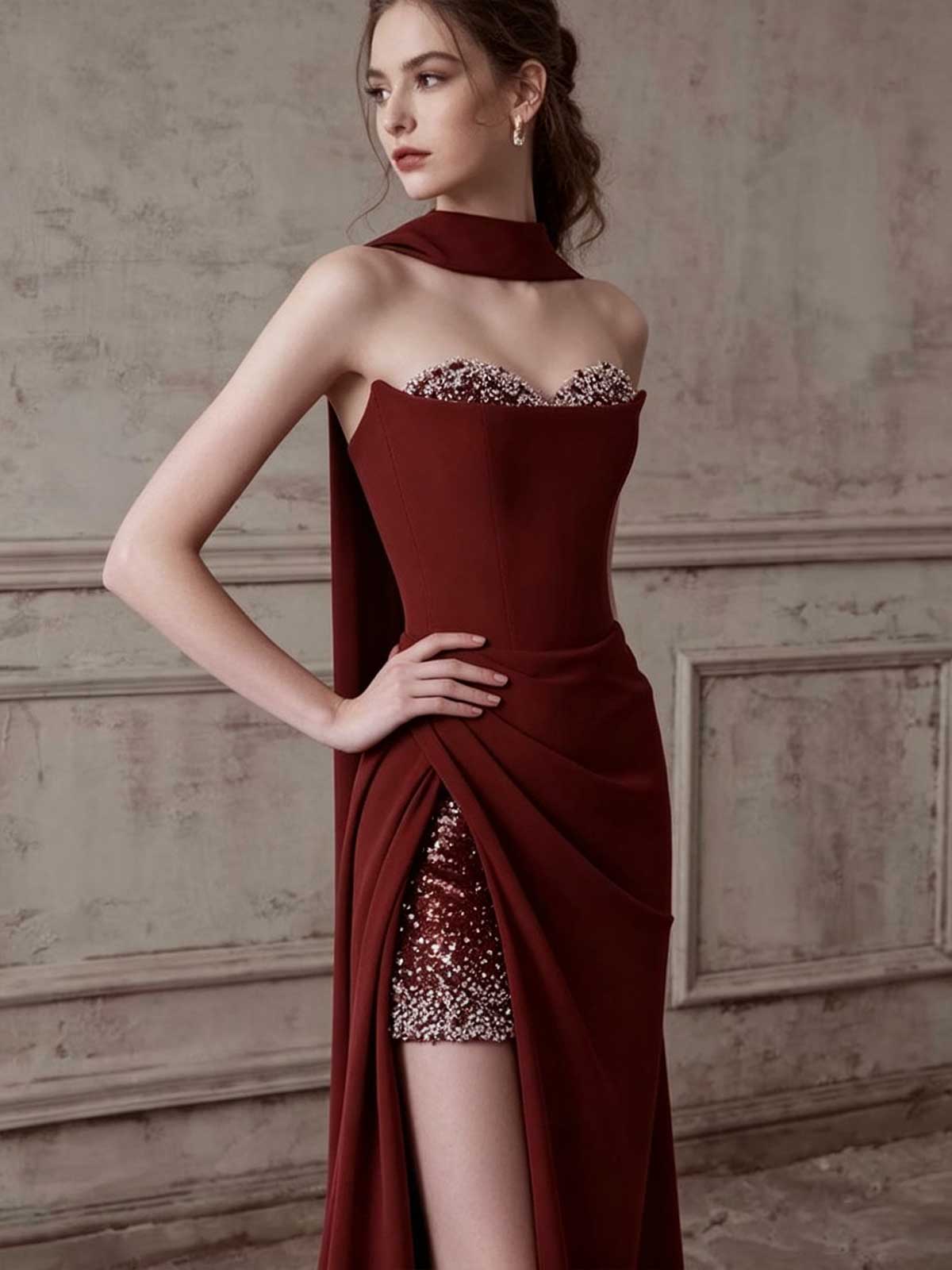Burgundy Strapless High-Slit Evening Gown with Beaded Lining
