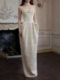 Ivory Tweed Strapless Maxi Evening Gown