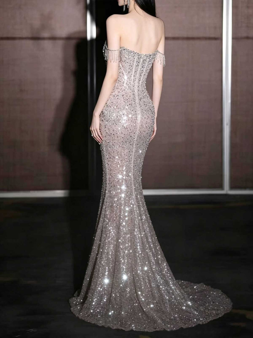 Silver Sequin Fringe Off-the-Shoulder Mermaid Evening Gown