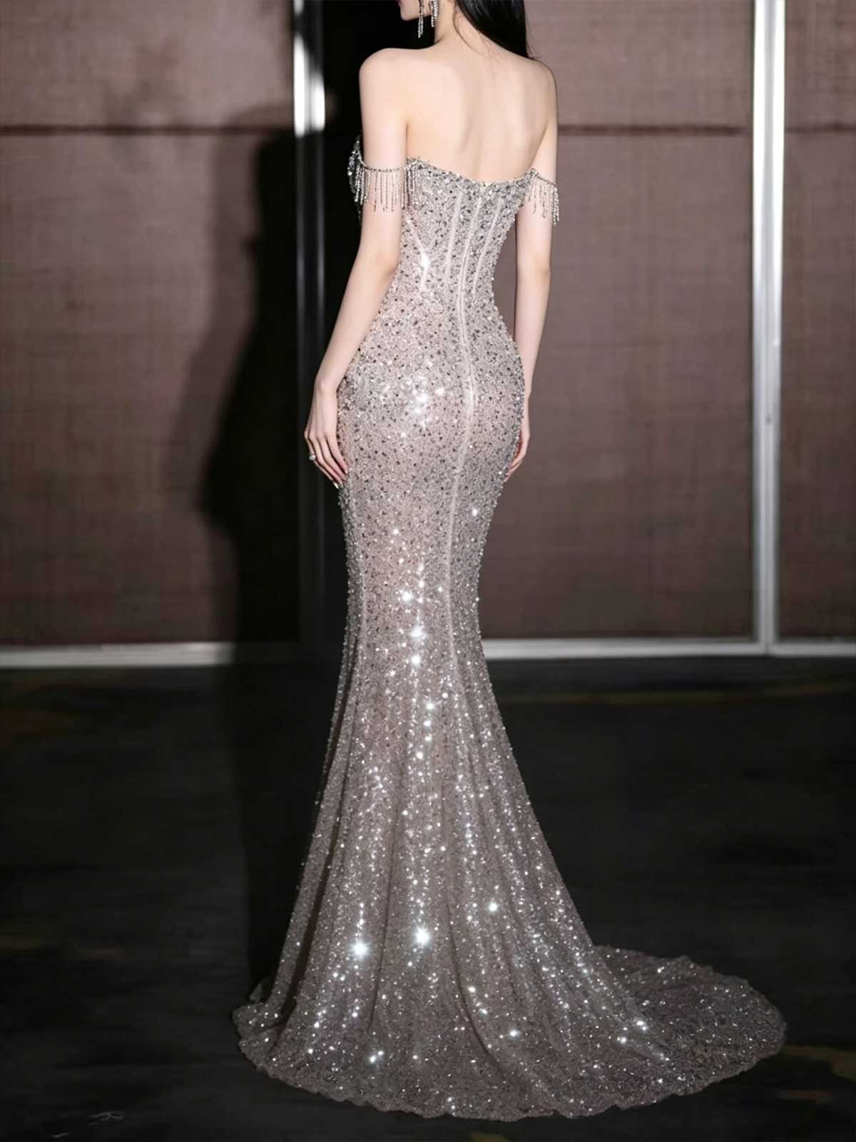 Silver Sequin Fringe Off-the-Shoulder Mermaid Evening Gown