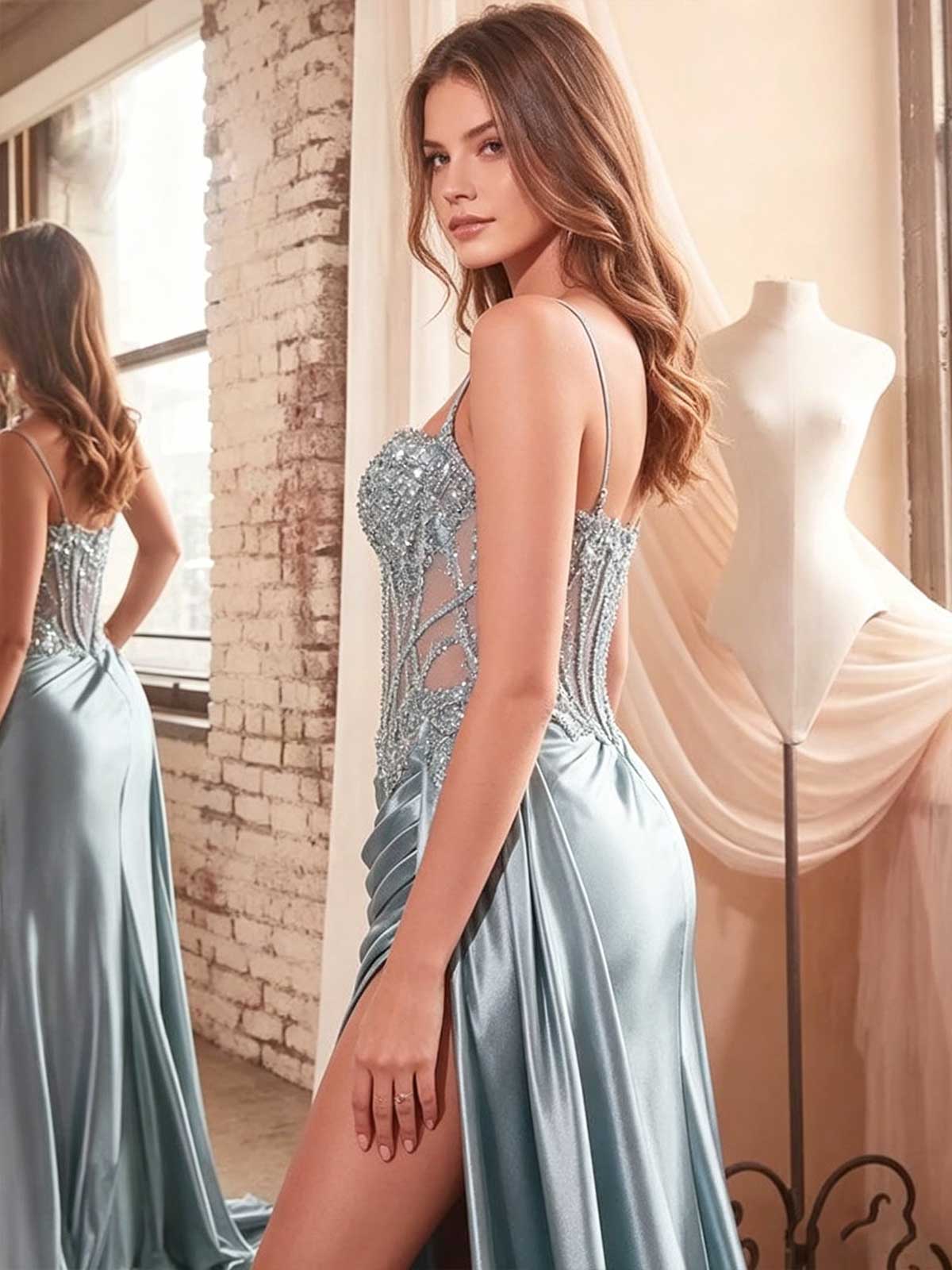 Ice Blue Beaded Corset Satin Strapless Mermaid Evening Gown with Slit
