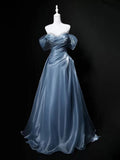 Dusty Blue Off-Shoulder Satin A-Line Evening Gown