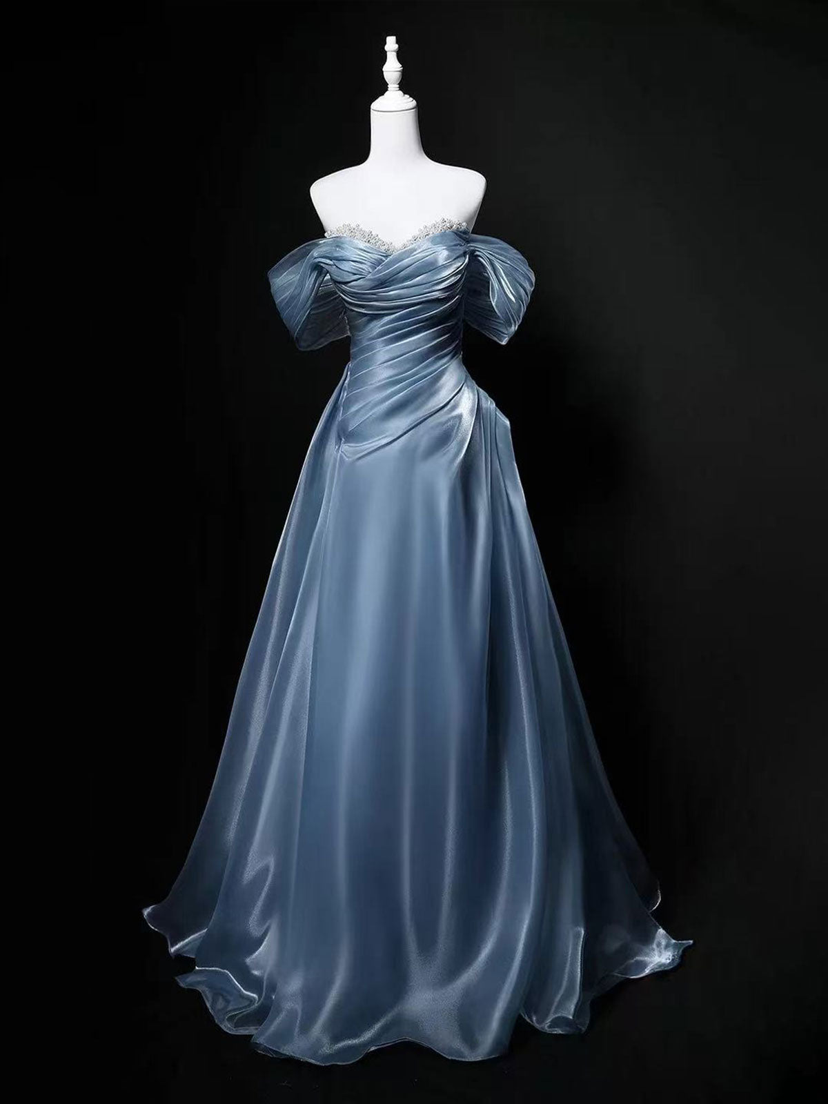 Dusty Blue Off-Shoulder Satin A-Line Evening Gown
