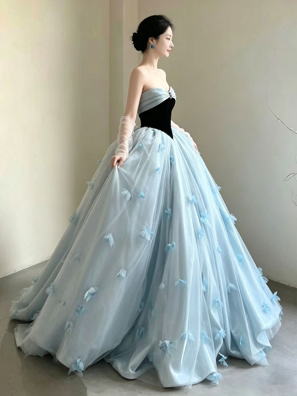 Light Blue Tulle Strapless Ball Gown with Black Velvet Bodice & Butterfly Appliqués