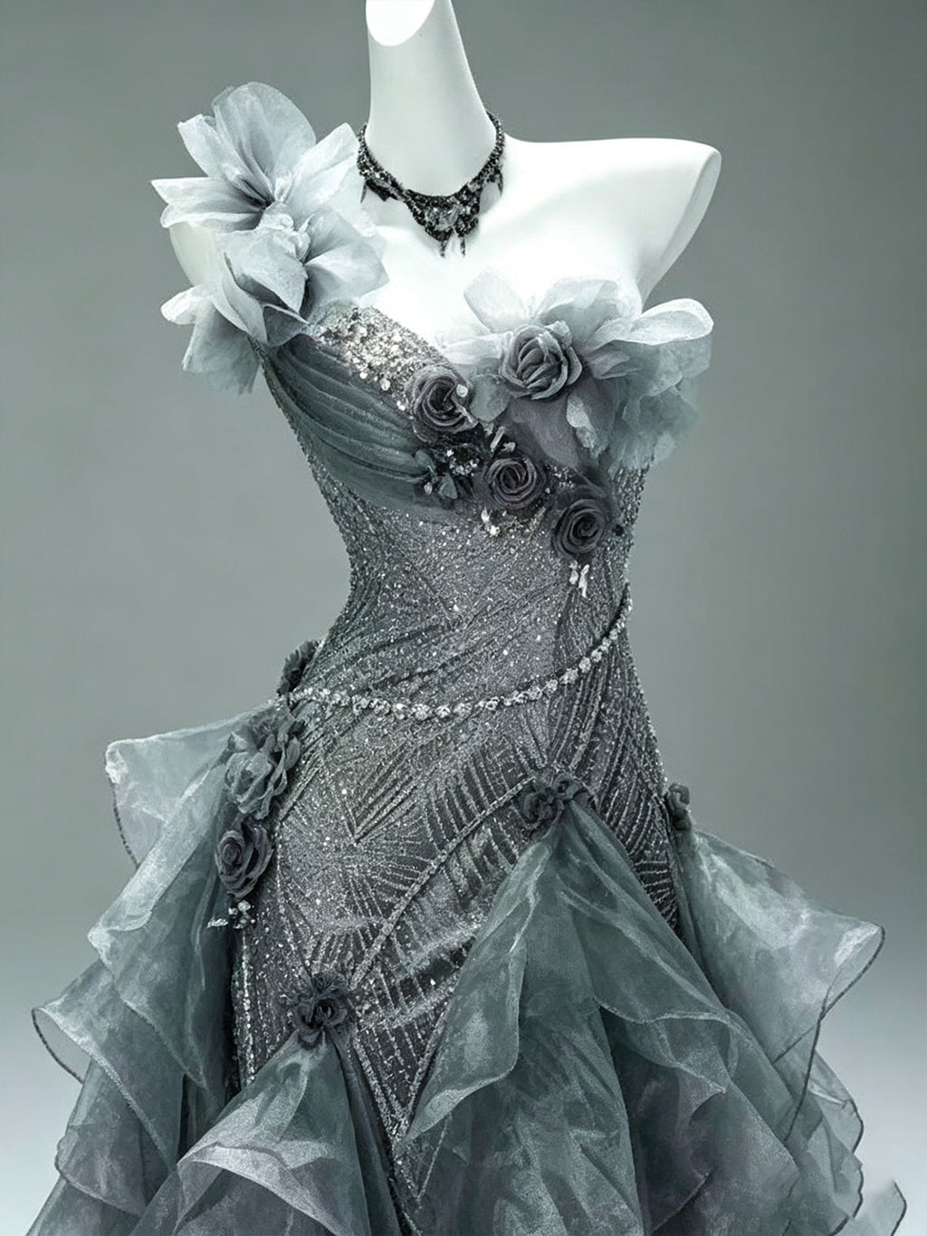 One Shoulder Grey Floral Ruffle Irregular Tulle Mermaid Formal Gown