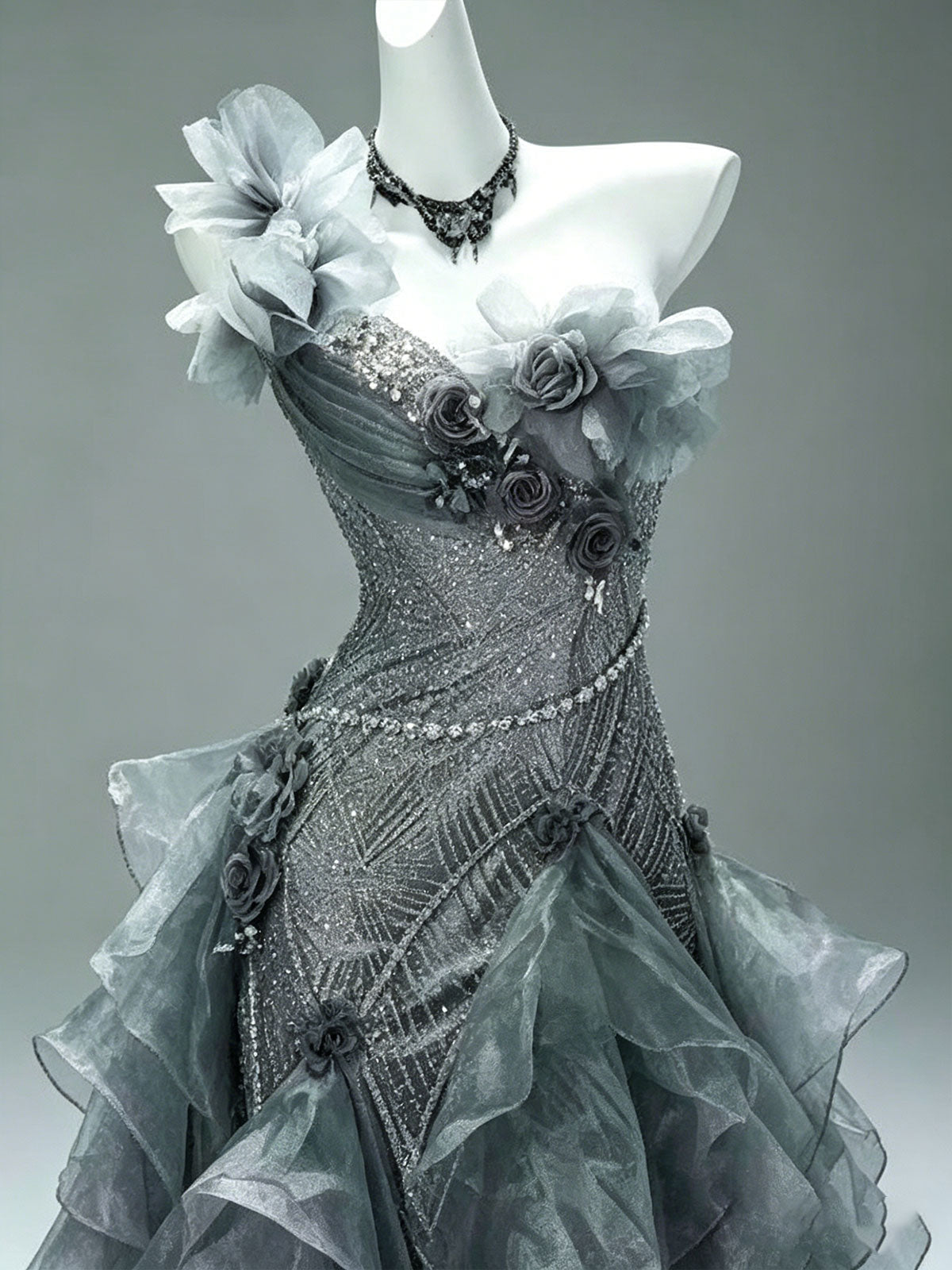 One Shoulder Grey Floral Ruffle Irregular Tulle Mermaid Formal Gown