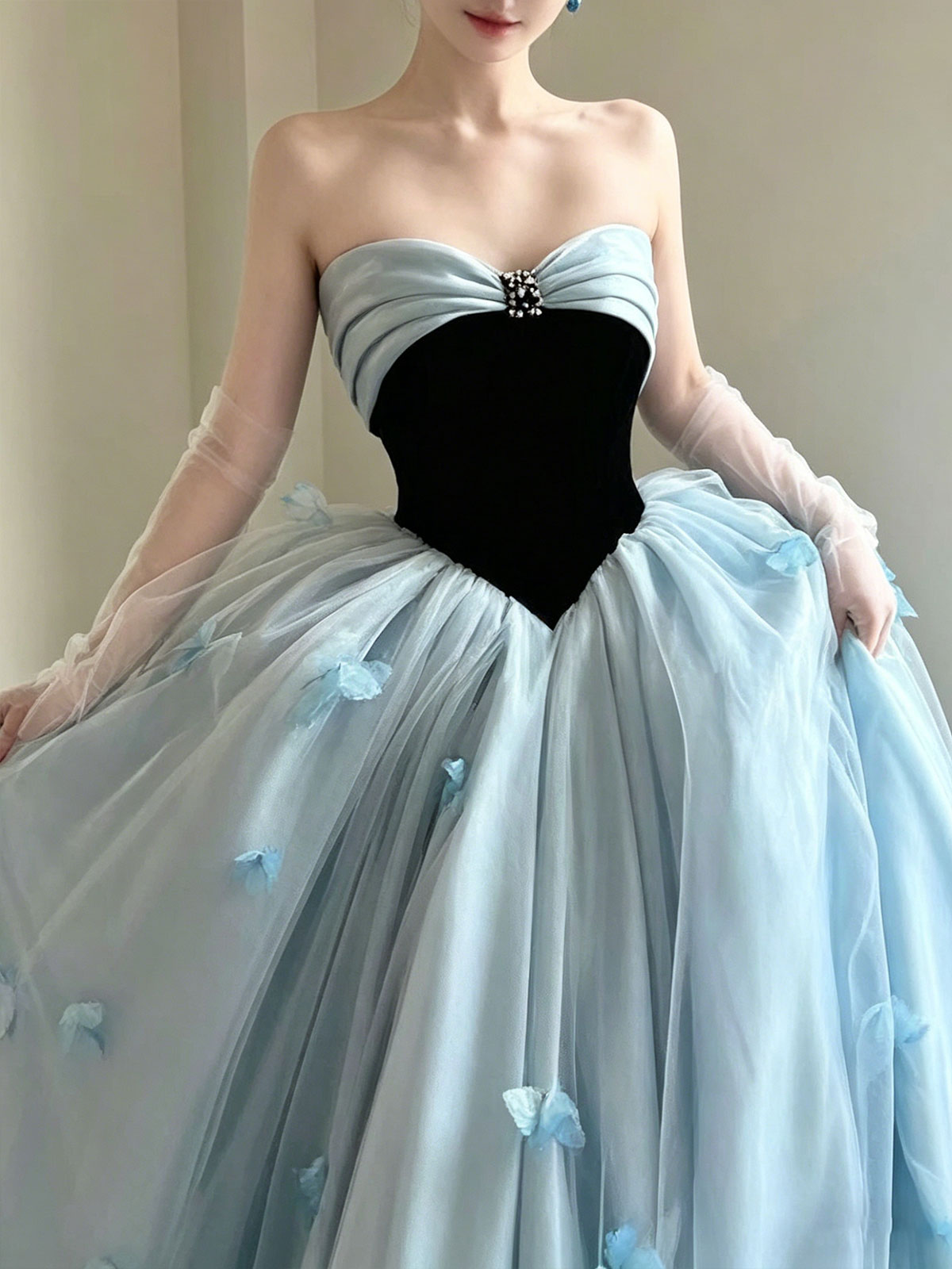 Light Blue Tulle Strapless Ball Gown with Black Velvet Bodice & Butterfly Appliqués