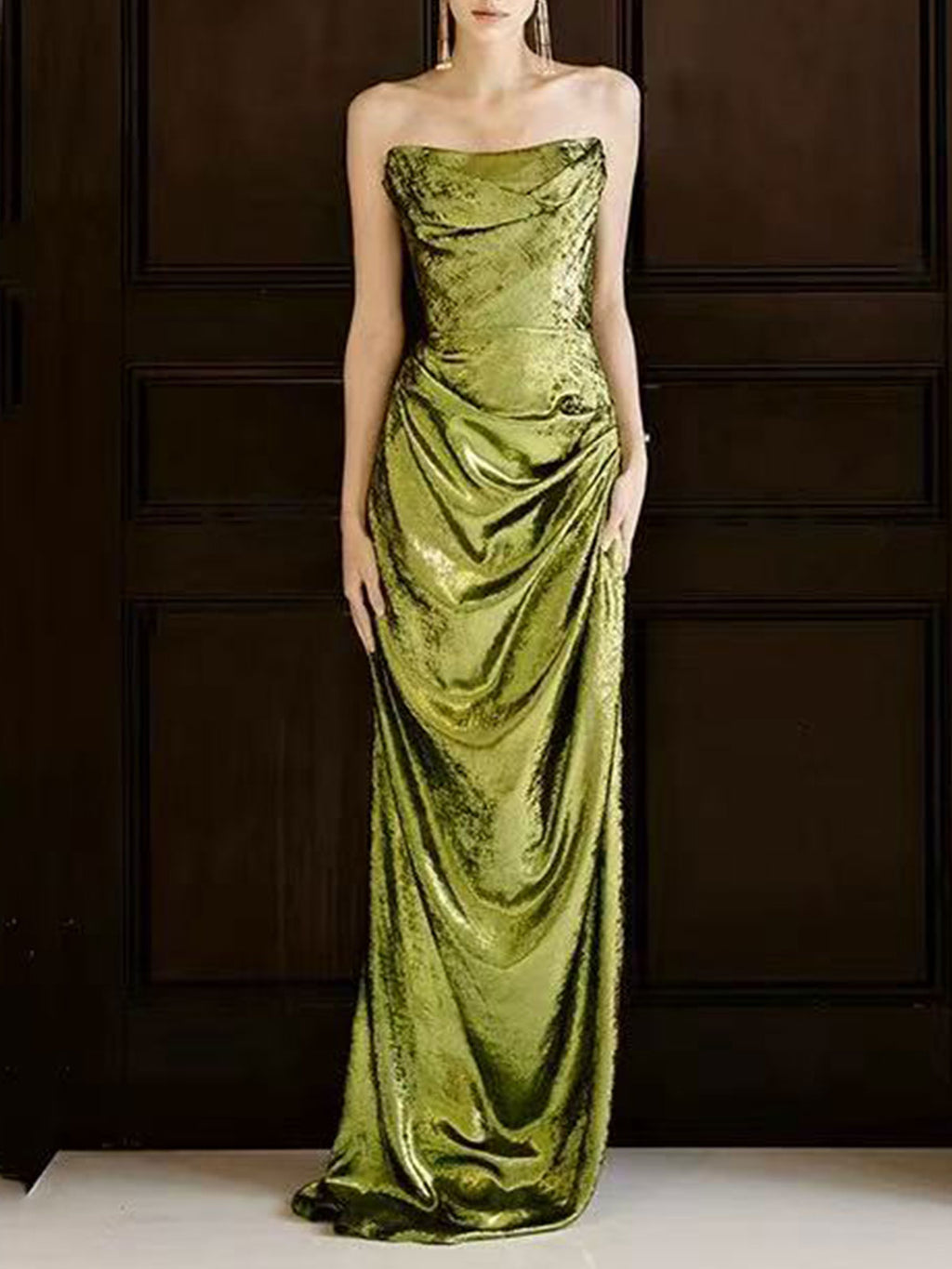 Metallic Green Draped Evening Gown with Cowl Neck