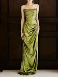 Metallic Green Draped Evening Gown with Cowl Neck