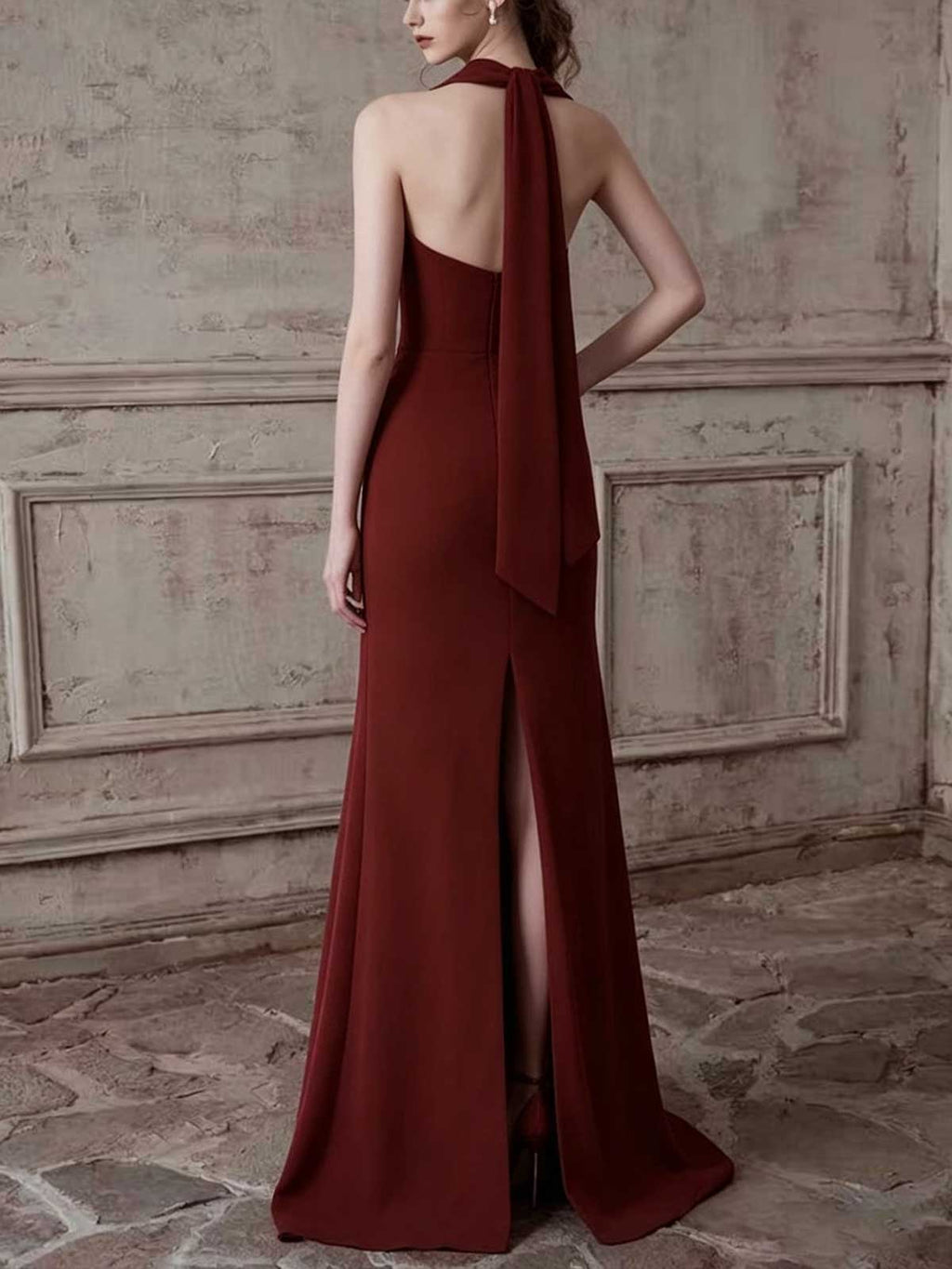 Burgundy Strapless High-Slit Evening Gown with Beaded Lining