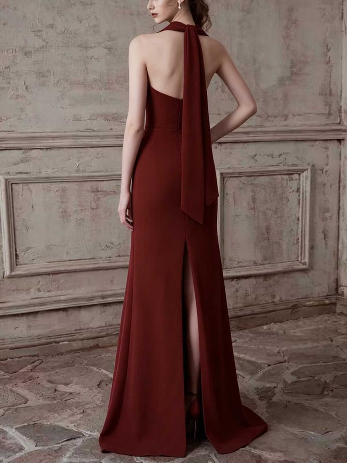 Burgundy Strapless High-Slit Evening Gown with Beaded Lining