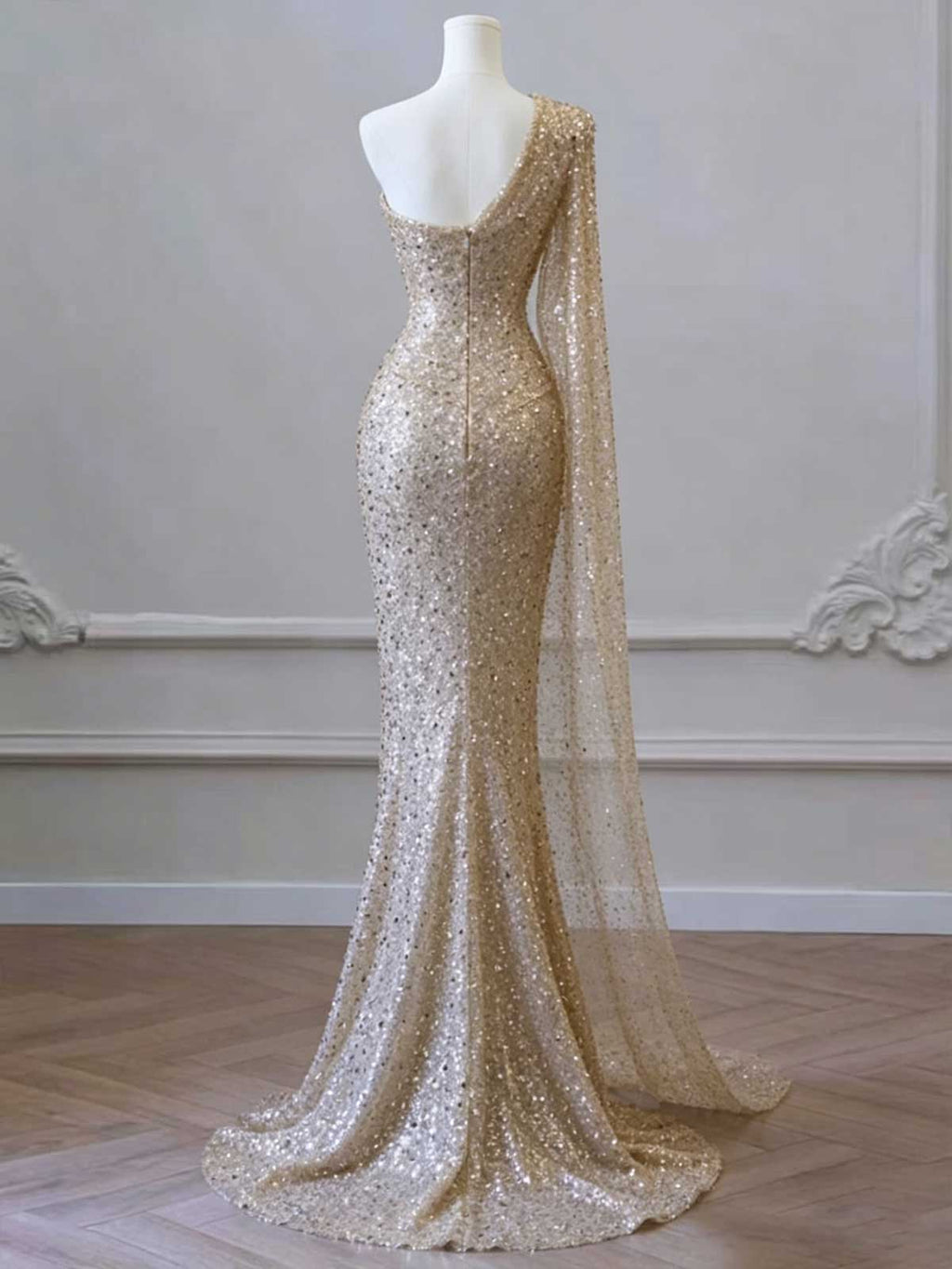 One-Shoulder Cape Train Formal Dress