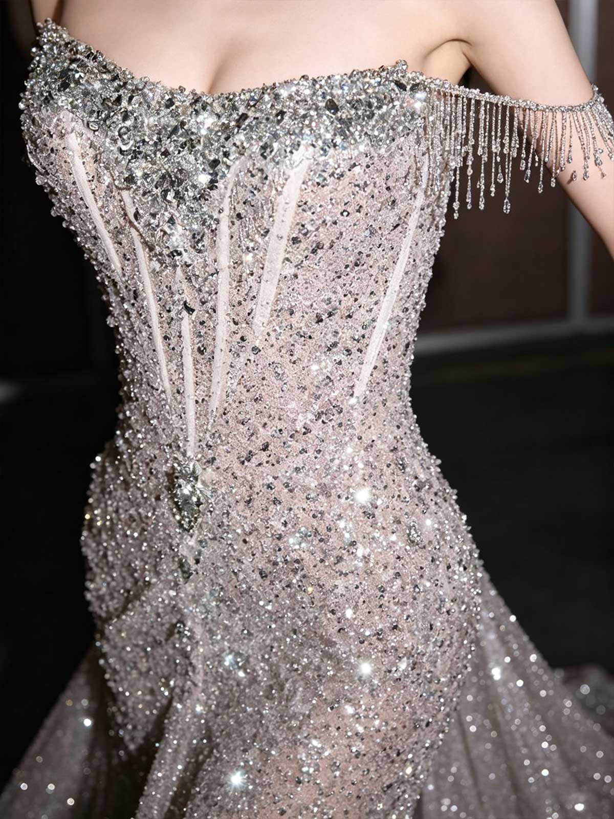 Silver Sequin Fringe Off-the-Shoulder Mermaid Evening Gown