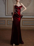 Burgundy Strapless Draped Satin Mermaid Evening Gown with Rhinestone Stripe & Back Bow