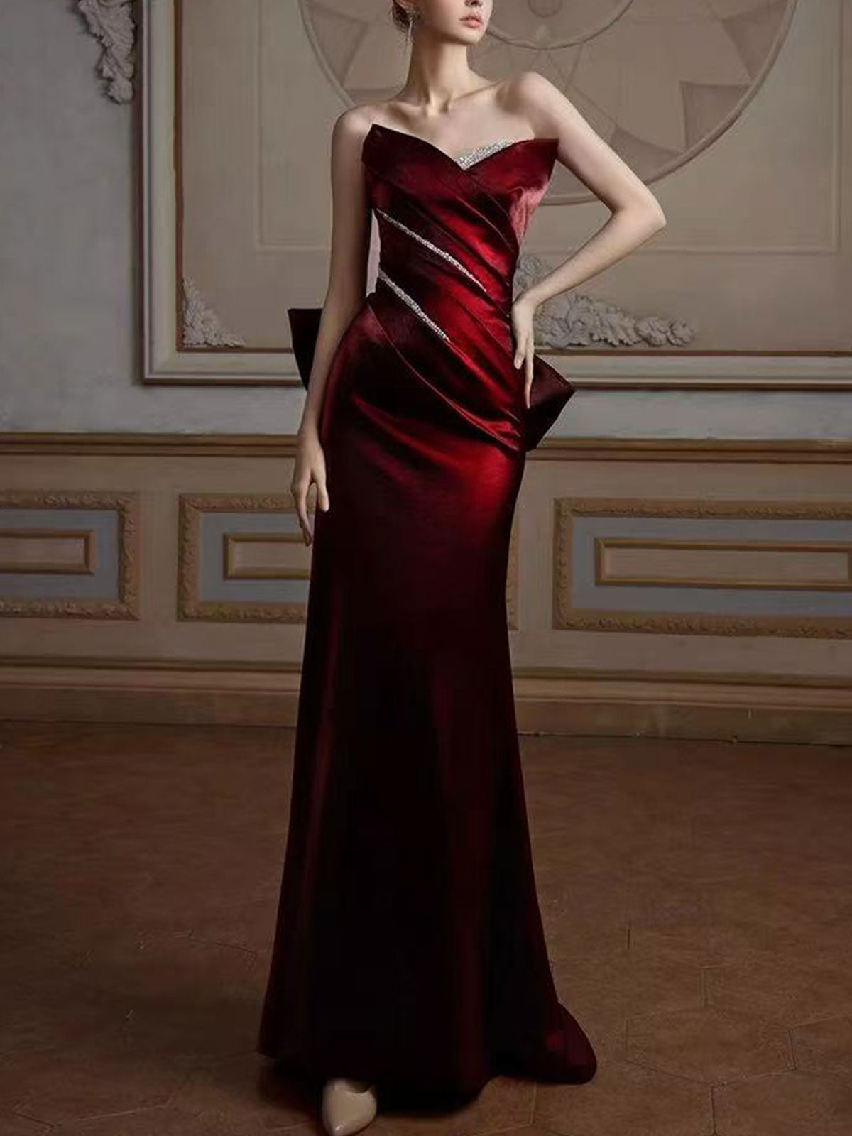 Burgundy Strapless Draped Satin Mermaid Evening Gown with Rhinestone Stripe & Back Bow
