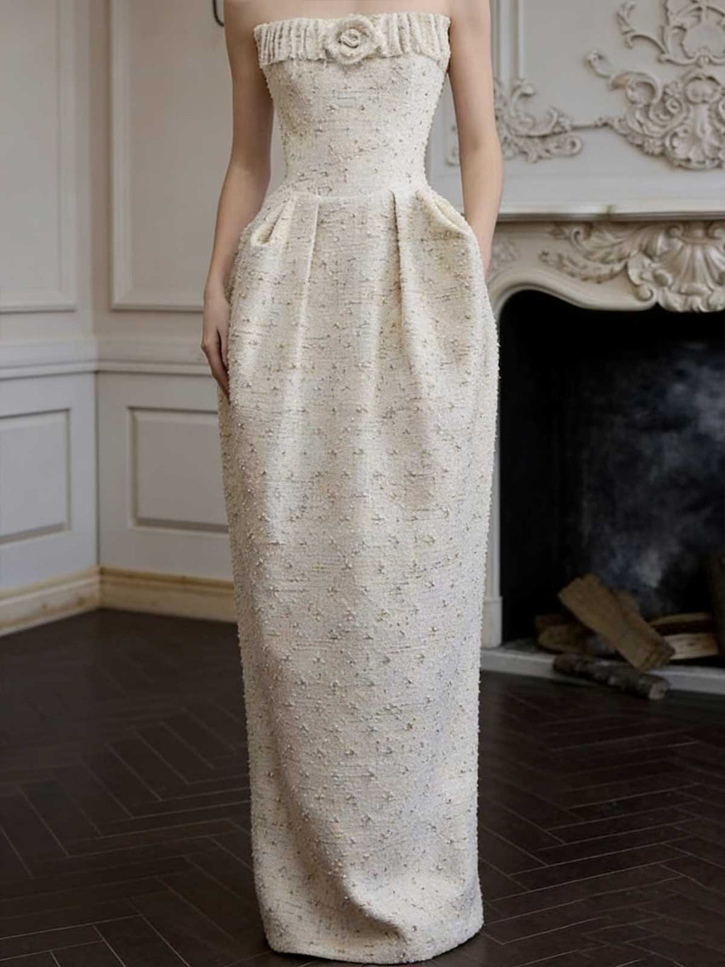 Ivory Tweed Strapless Maxi Evening Gown