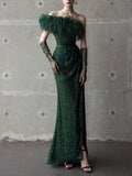 Emerald Green Off-the-Shoulder Feather Trim Sequin Mermaid Evening Gown