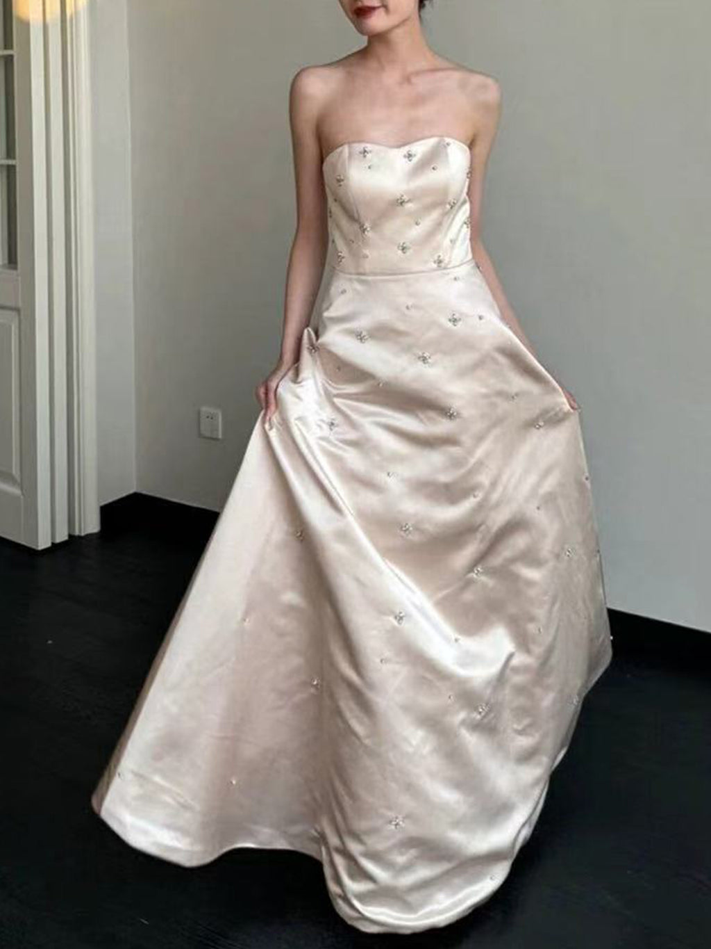 Strapless Satin Star Beaded A-Line Floor Length Evening Gown