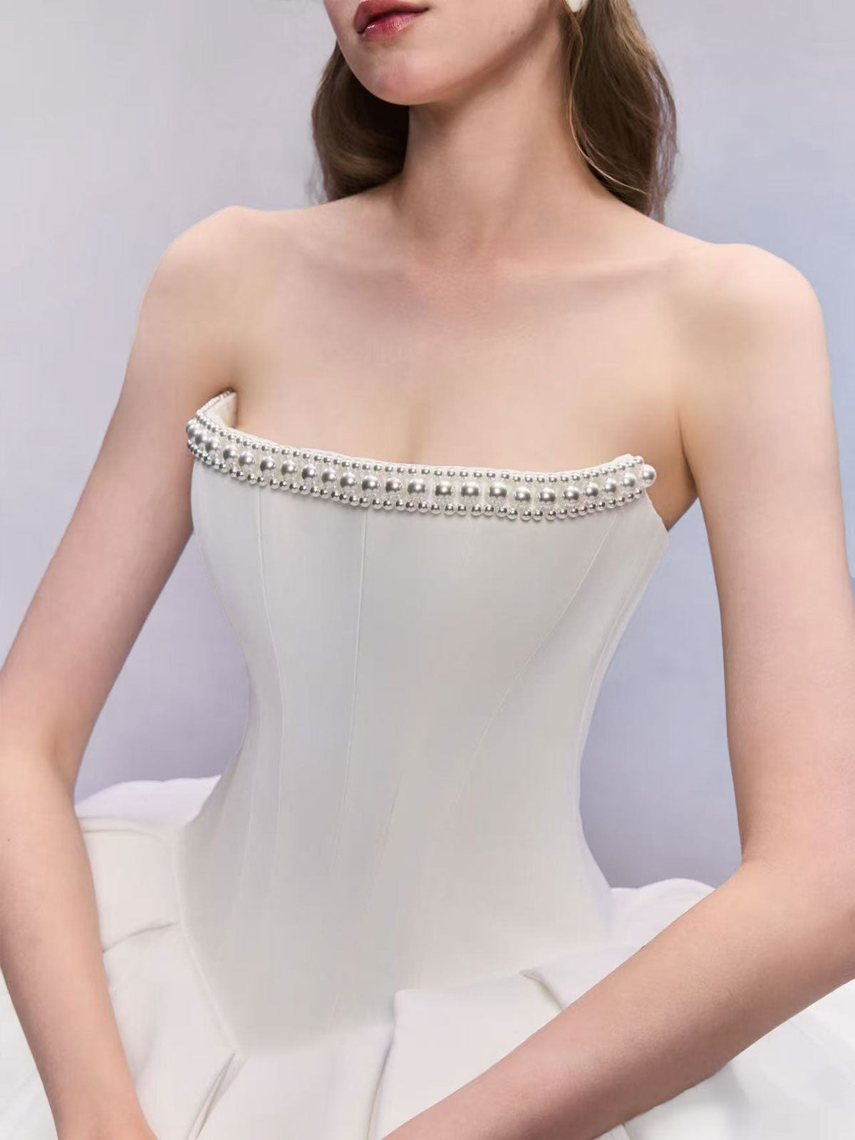Minimalist Strapless Satin Ball Gown with Crystal Embellished Neckline