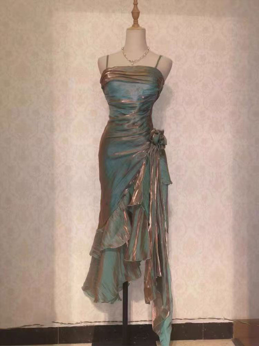 Teal Metallic Ruffled Midi Dress with Floral Accent