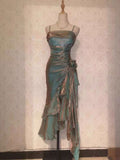 Teal Metallic Ruffled Midi Dress with Floral Accent