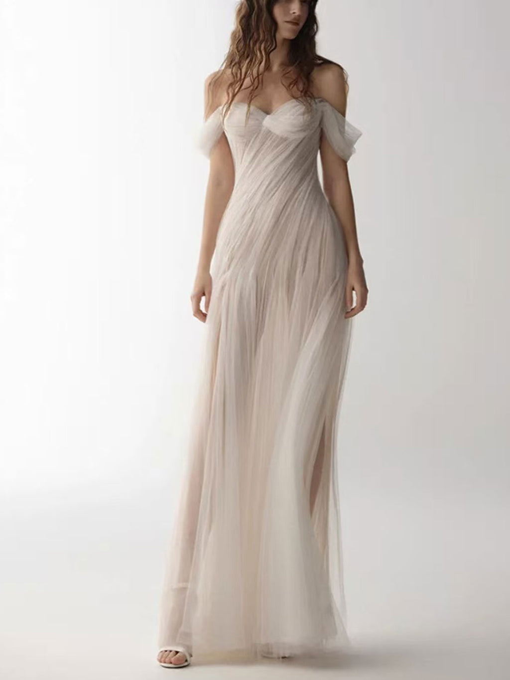 Ivory Ruched Tulle Off-the-Shoulder High Slit A-Line Wedding Dress