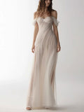 Ivory Ruched Tulle Off-the-Shoulder High Slit A-Line Wedding Dress