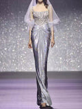 Silver Sequin Gradient Square Neck Mermaid Pageant Gown with Veil