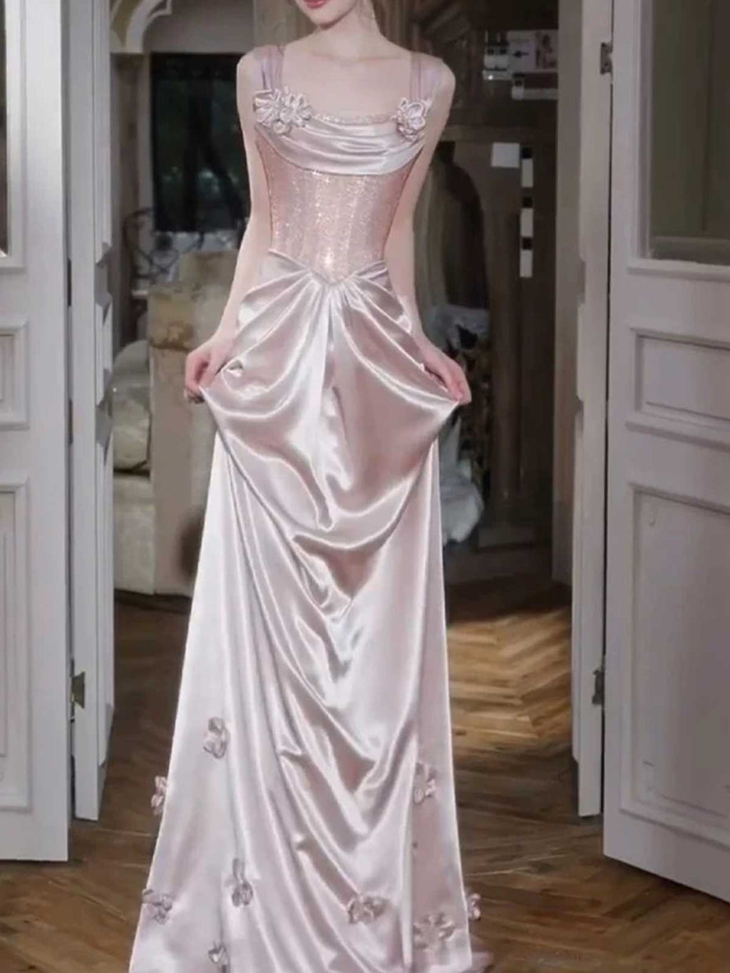 Elegant Blush Pink Satin Evening Gown with Floral Appliqués