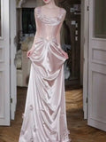 Elegant Blush Pink Satin Evening Gown with Floral Appliqués