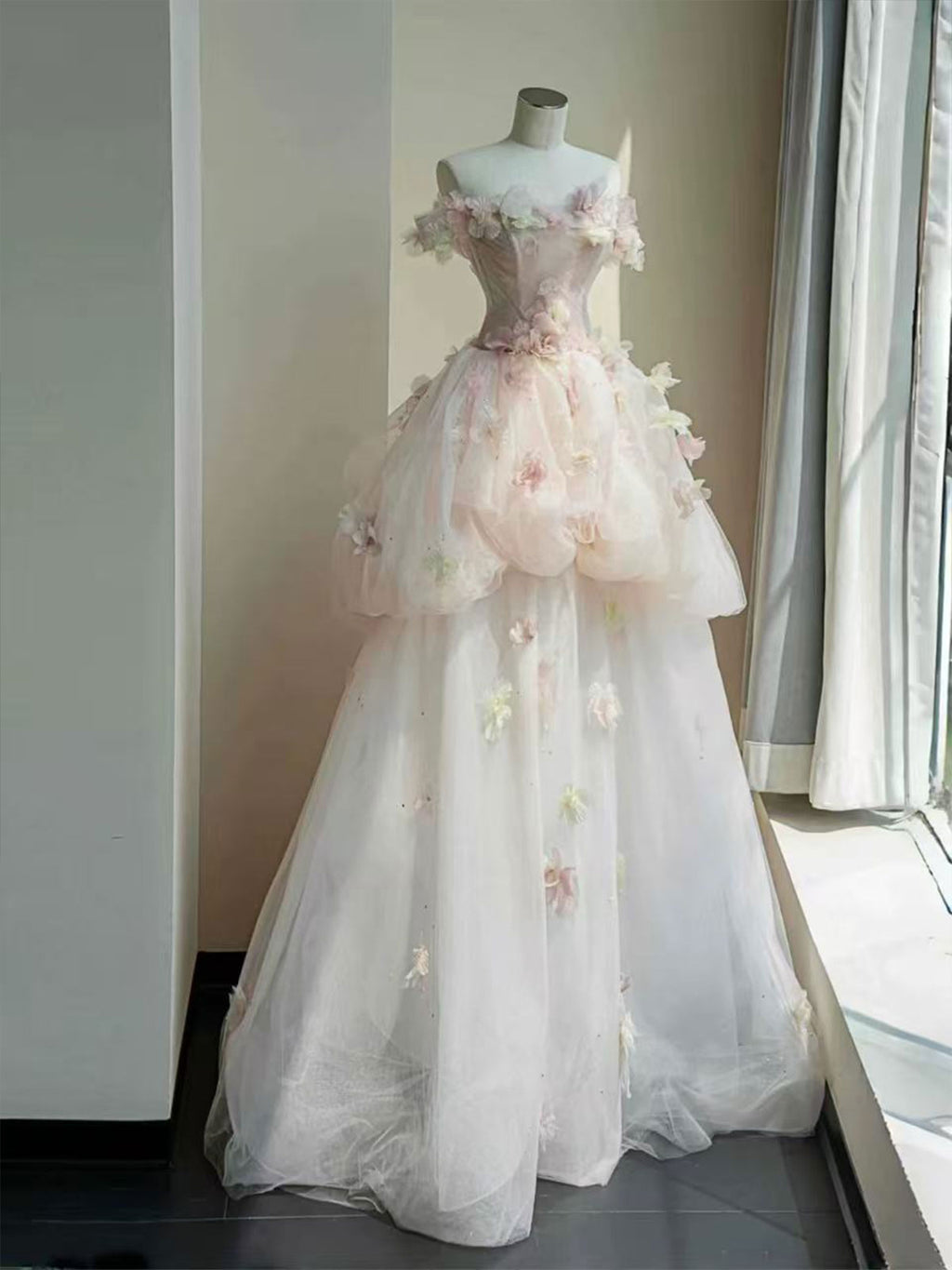 Blush Pink 3D Floral Applique Strapless A-Line Wedding Dress with Train