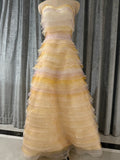 Luxury Champagne Yellow Ruffle Maxi Dress - Sparkly Beaded Tiered Evening Gown