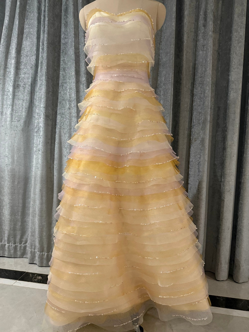 Luxury Champagne Yellow Ruffle Maxi Dress - Sparkly Beaded Tiered Evening Gown