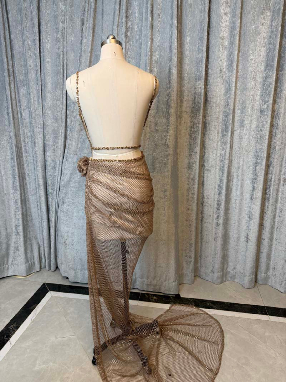 Luxury Gold Mesh Formal Gown with Floral Embellishment & Train