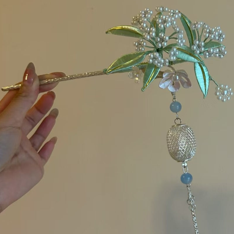 Handmade Chinese Silk Wrap Berry Hairpin with Pearls & Bell Charm for Hanfu